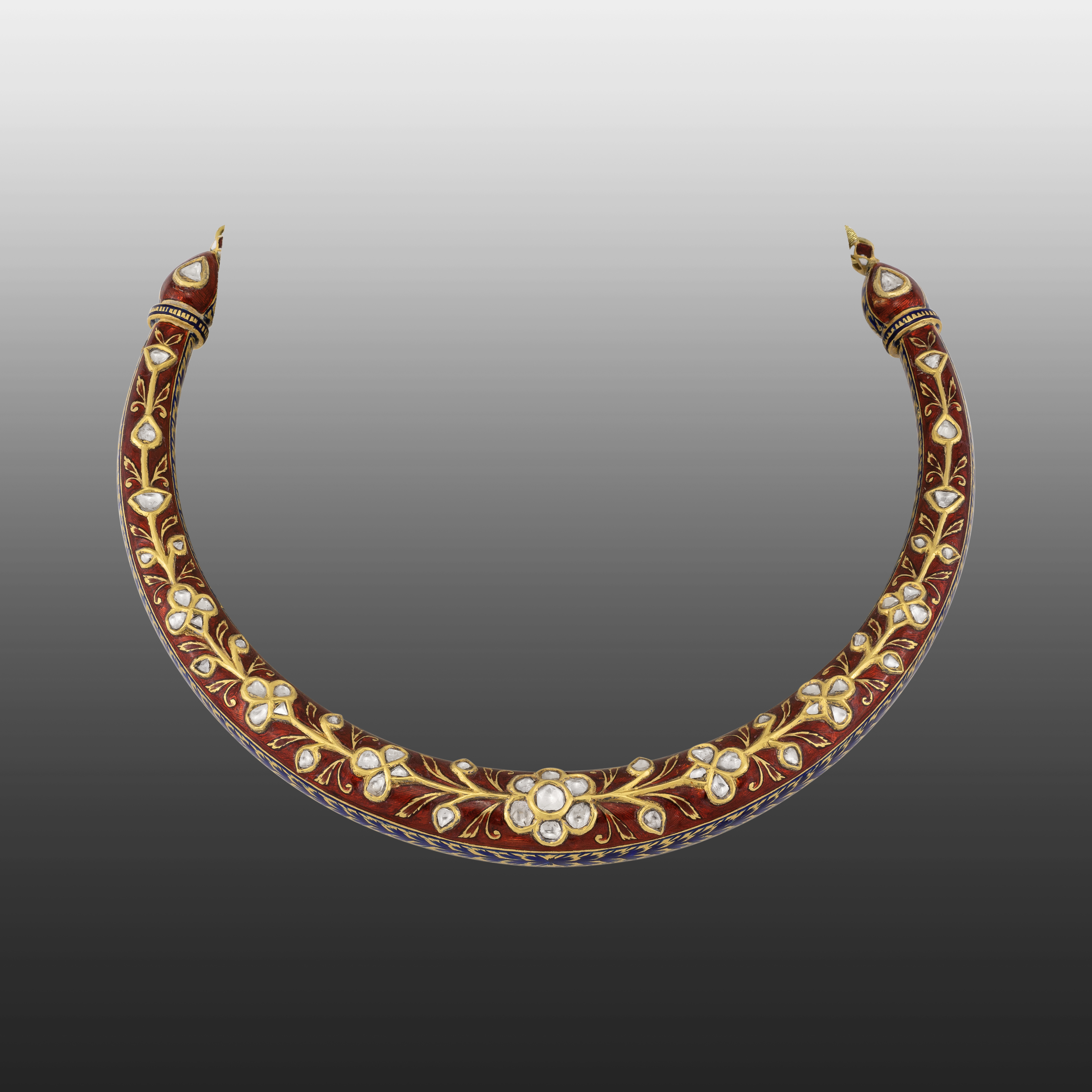 Floral Hasli with Uncut Polki & Red Enamel Detailing